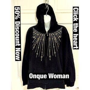 Onque‎ Woman Black Zip Up Sweatshirt Hoodie Studded Beaded Sz 2X